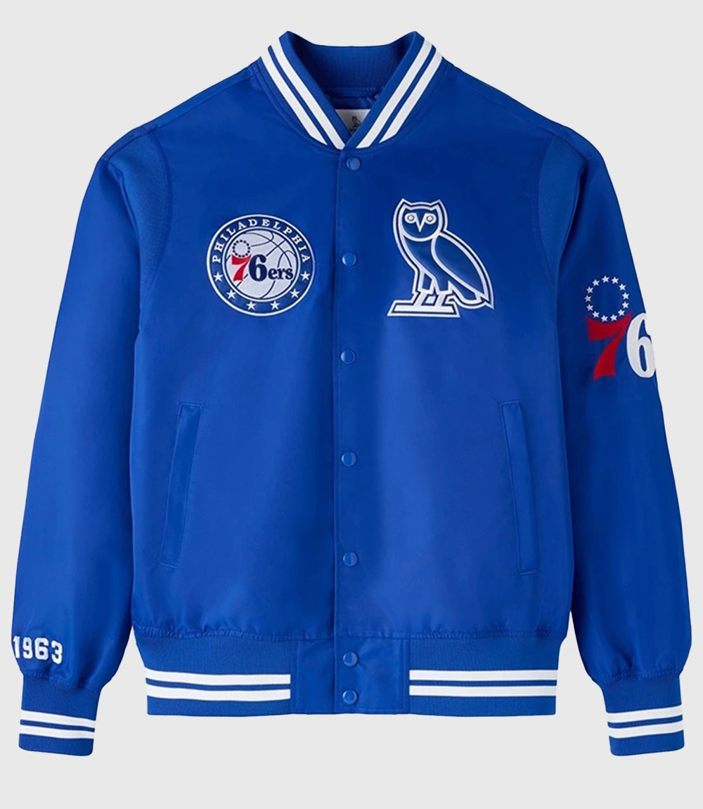 October’s Very Own NBA Philadelphia 76ers Blue Satin Varsity Jacket
