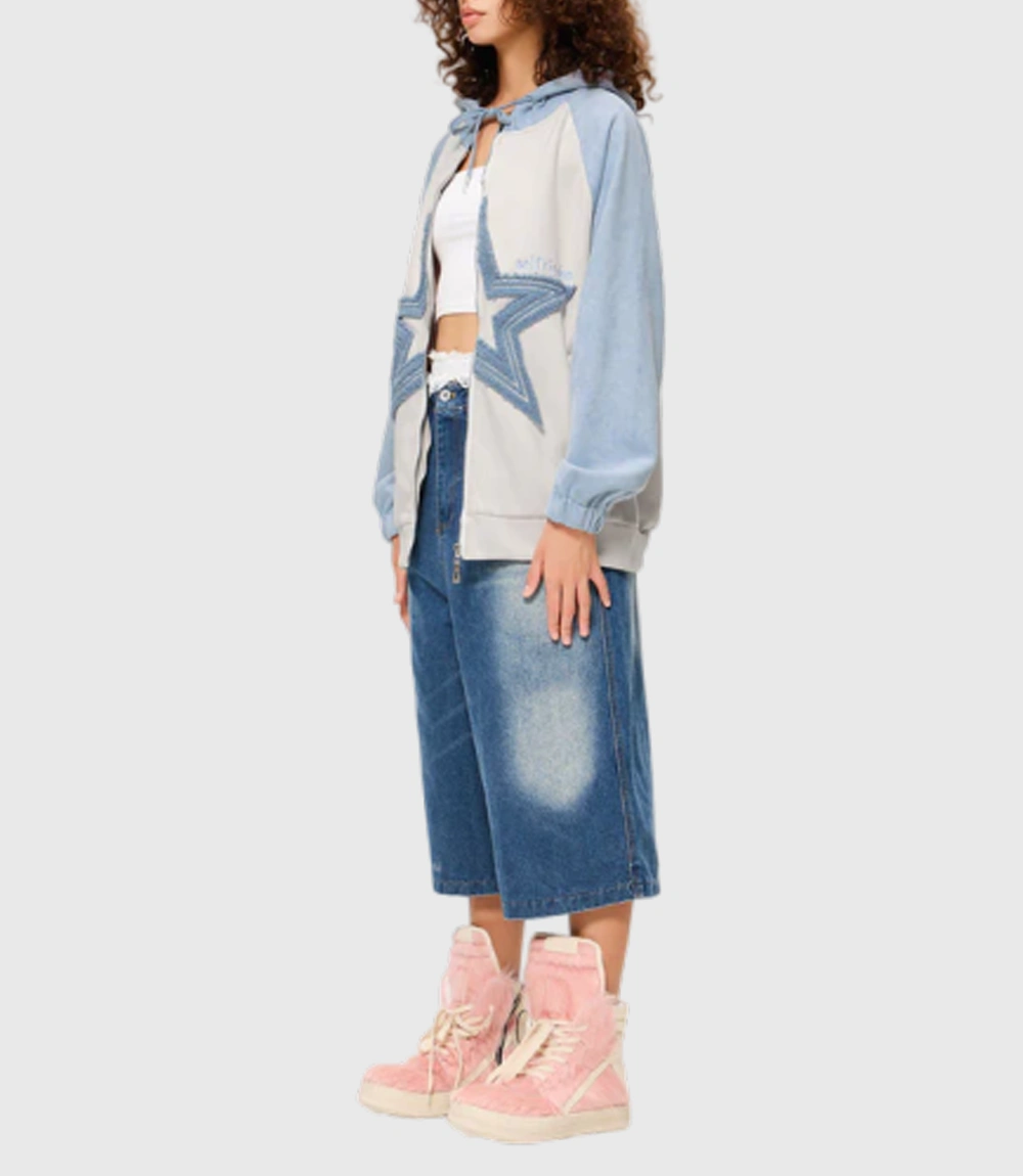 Patch Star Oversized Zipper Hoodie
