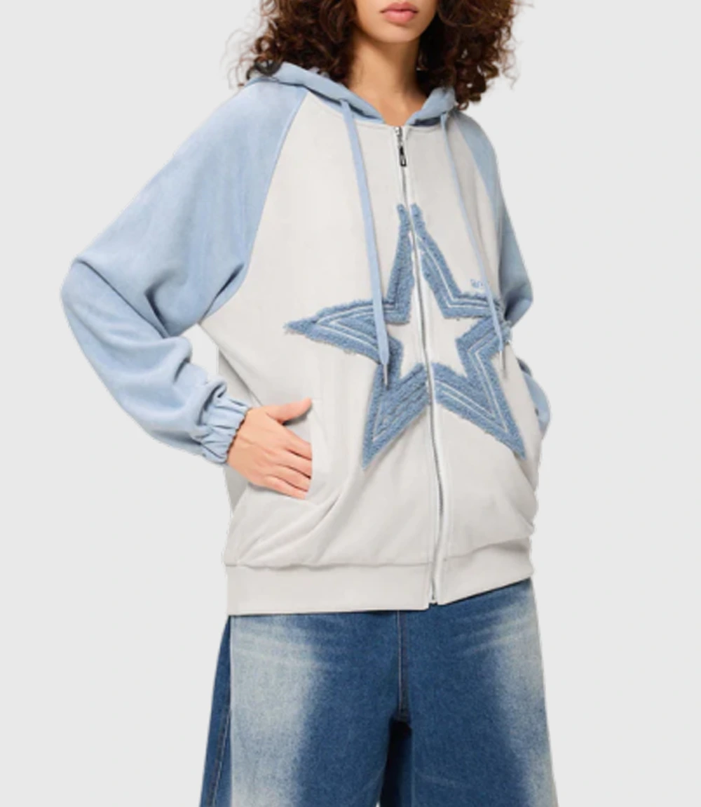 Star Patch Oversized Zipper Hoodie
