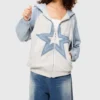 Star Patch Oversized Zipper Hoodie Blue and White