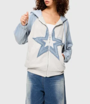 Star Patch Oversized Zipper Hoodie Blue and White