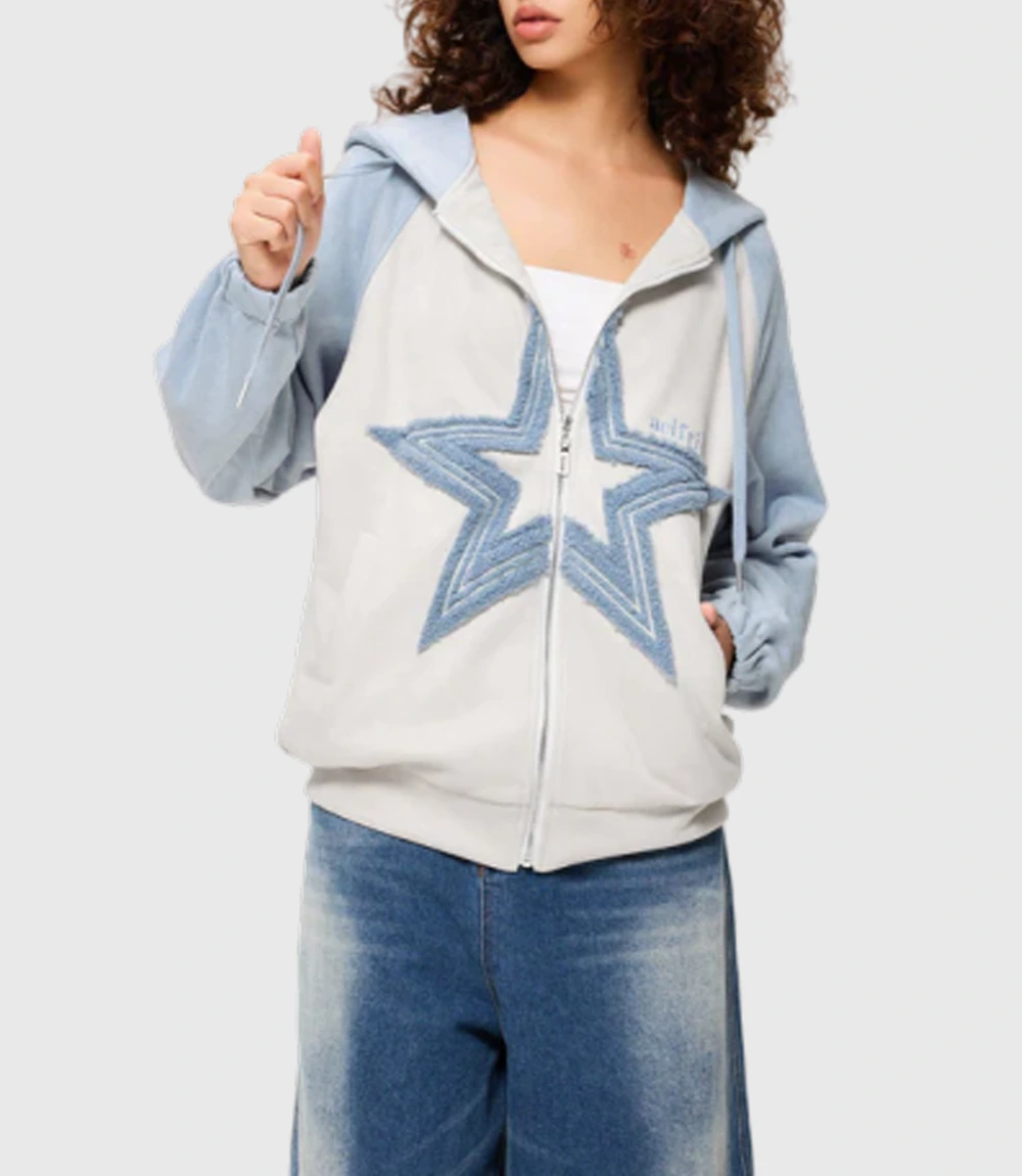 Star Patch Oversized Zipper Hoodie Blue and White
