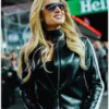2024 Las Vegas GP Paris Hilton White Striped Cropped Leather Jacket Black