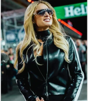 2024 Las Vegas GP Paris Hilton White Striped Cropped Leather Jacket Black