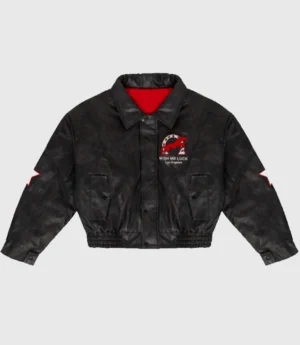 Wish Me Luck Cropped League Bomber Leather Black Jacket