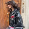 Unisex Wish Me Luck Black Leather Cropped League Bomber Jacket